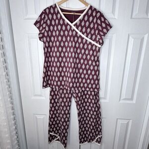 Garnet Hill Asian Wrap Organic Cotton Pajama Set Women's Large Burgundy Leaf